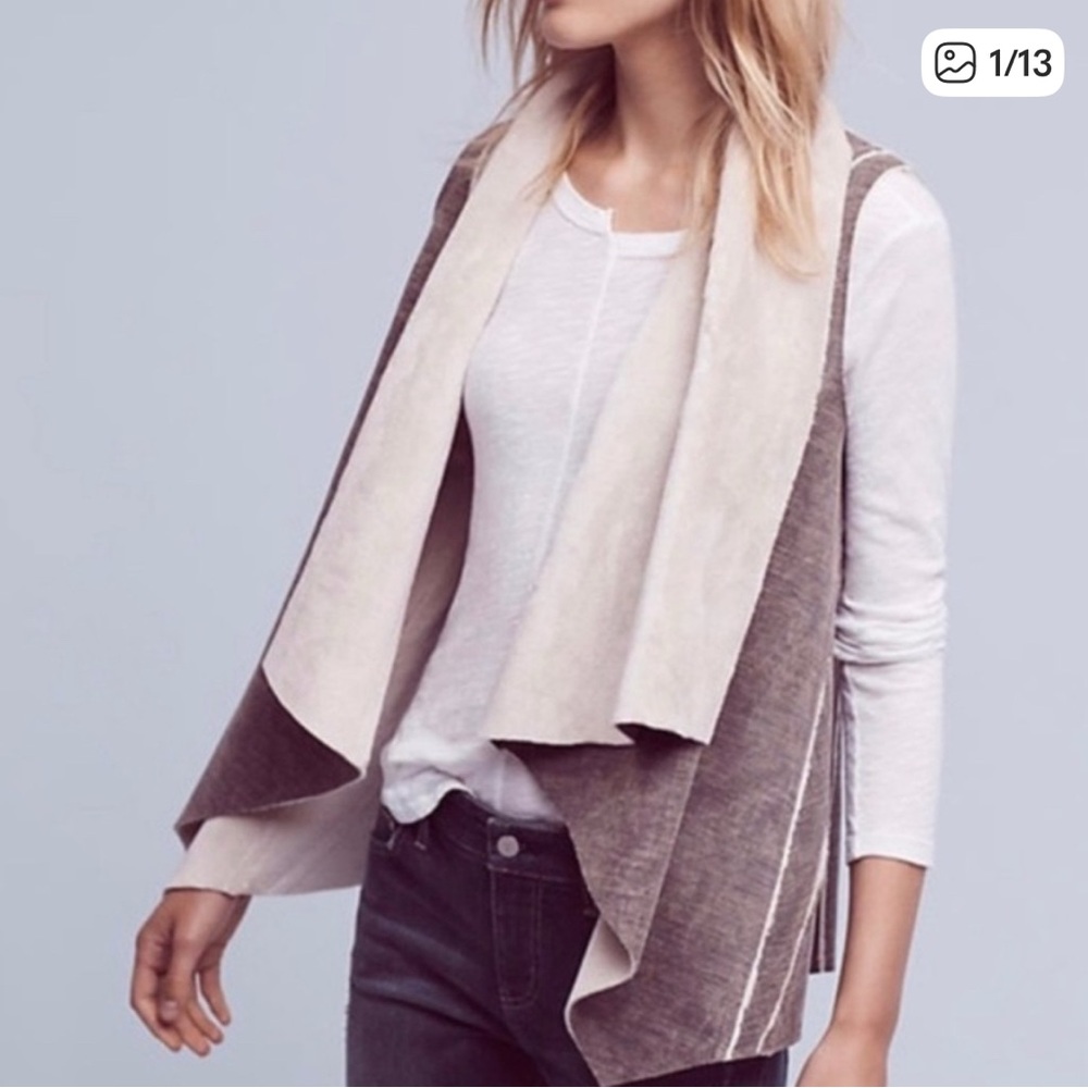 Anthro Amadi Gray Faux Fur Sherpa Open Front Vest